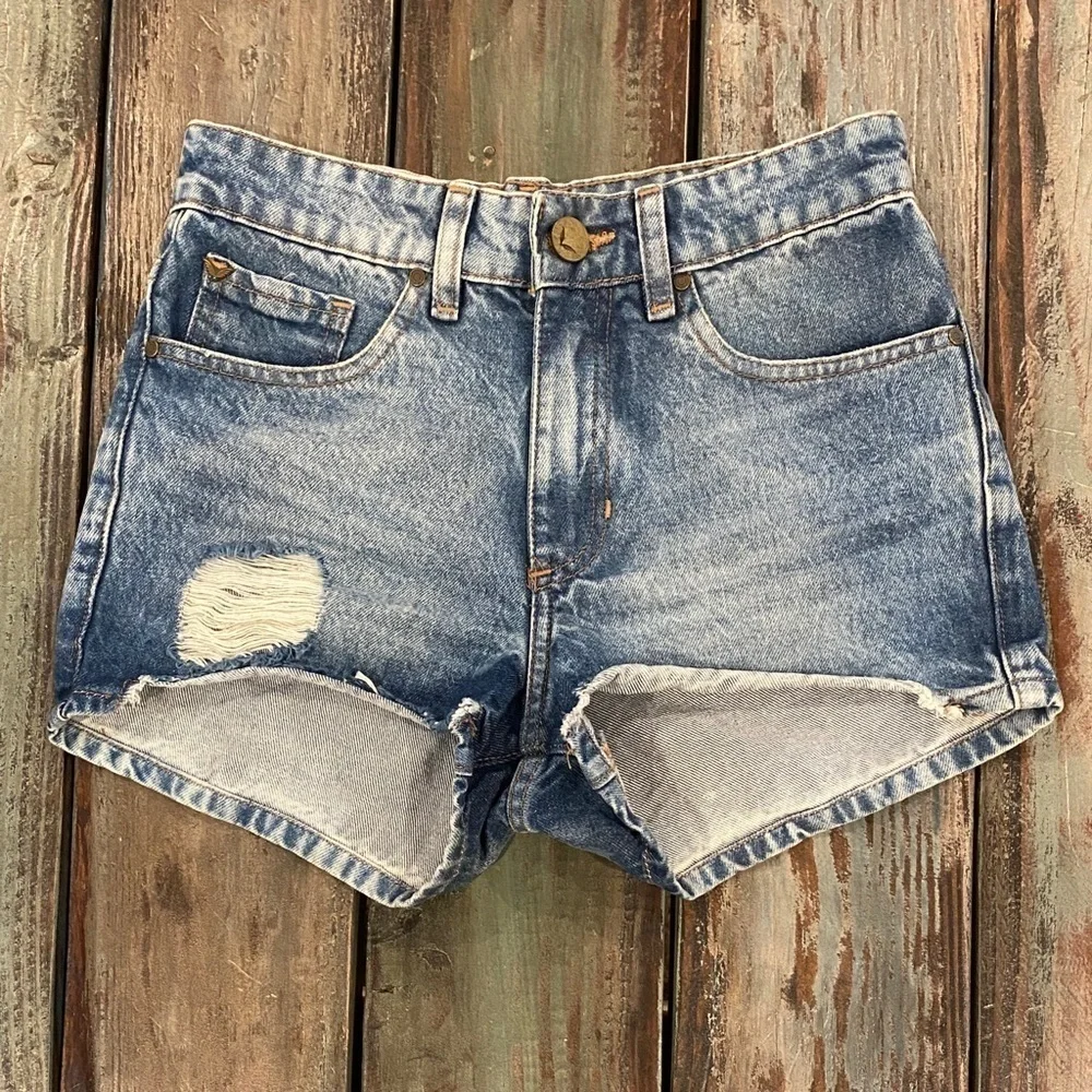 Rapsodia 22 (XS) Denim Shorts Womens Distressed Mid Rise Logo 100% Cotton